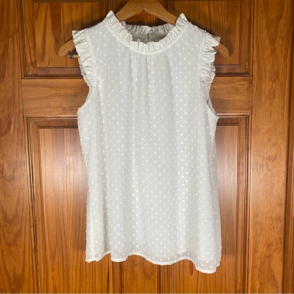 J. Crew Crisp White Swiss Dot Ruffled Mandarin Collar Sleeveless Blouse - Picture 2 of 7